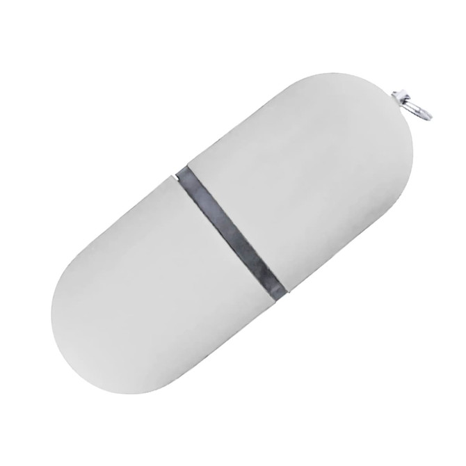 A silver USB flash drive in a capsule shape, featuring a metallic band and a loop for attachment.
