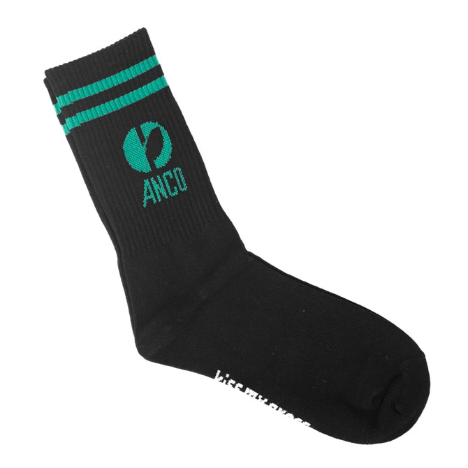 Black crew socks featuring green stripes and a logo.