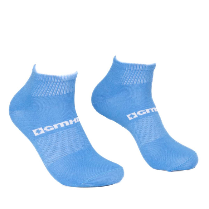 A pair of light blue short gripper socks with a logo on the side.