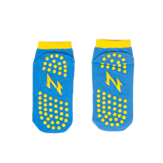 Custom short gripper socks in blue with yellow accents and non-slip dots, featuring a logo on the design.