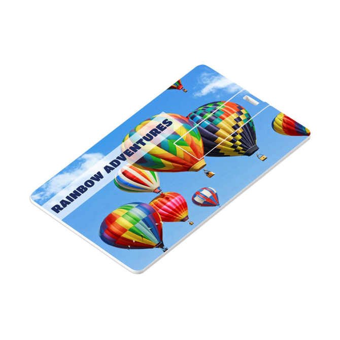 A colourful flash drive resembling a credit card, featuring vibrant hot air balloons against a blue sky.