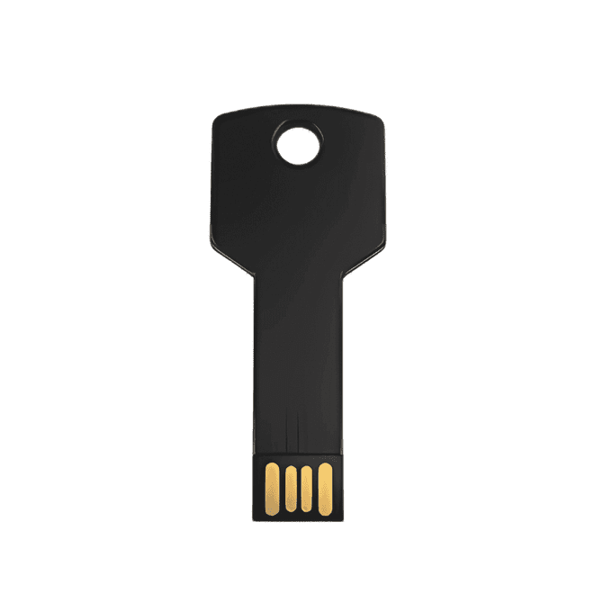 A black key-shaped flash drive with a gold connector and a hole for attachment. Features a simple, sleek design.