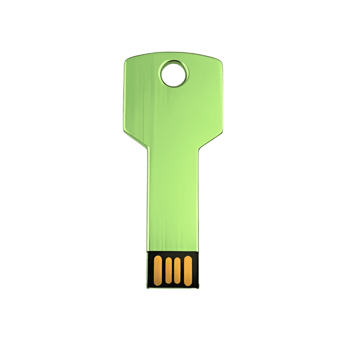 A green key-shaped flash drive with a black connector, featuring a hole for attachment and a logo on one side.