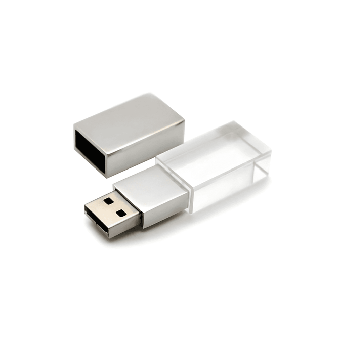 A silver and clear custom 3D USB flash drive with a removable cap, showcasing a sleek design.