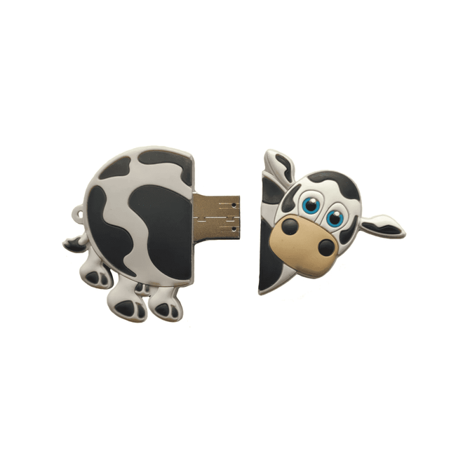 A custom 3D USB flash drive shaped like a black and white cow, featuring a cartoonish design.