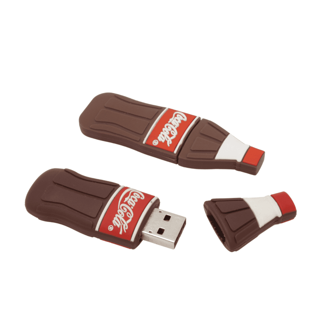 A brown and red custom 3D USB flash drive resembling a squeeze bottle, featuring a logo.