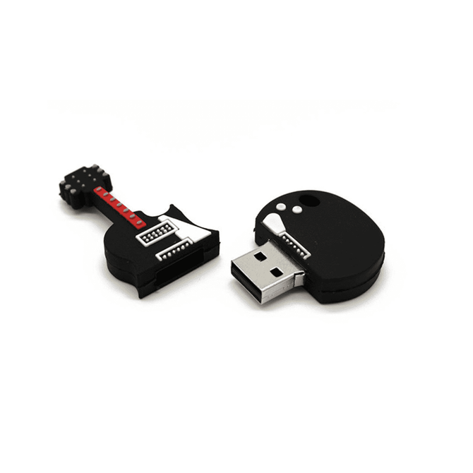 A custom 3D USB flash drive shaped like a guitar, featuring black and white details, with a logo on one side.
