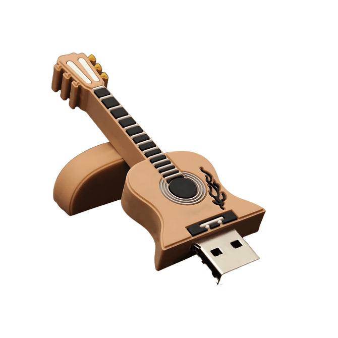 A guitar-shaped USB flash drive in brown and black, featuring a logo on its side.