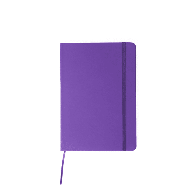 A5 notebook in vibrant purple with an elastic closure and a ribbon bookmark. Features a logo on the cover.