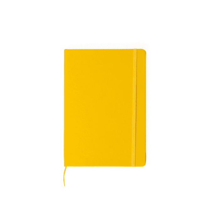 A5 notebook in bright yellow, featuring a smooth cover and an elastic band for secure closure.