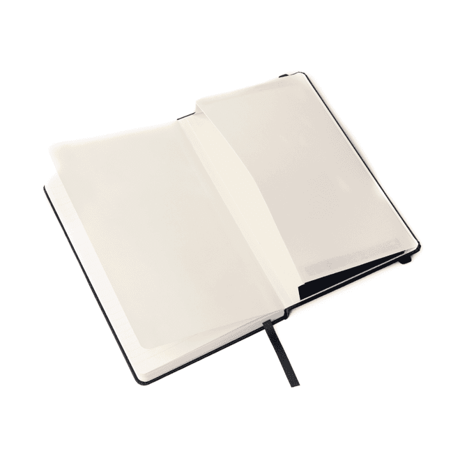 A5 Premium Hard Cover Notebook with a black exterior, featuring blank white pages and a ribbon bookmark inside.