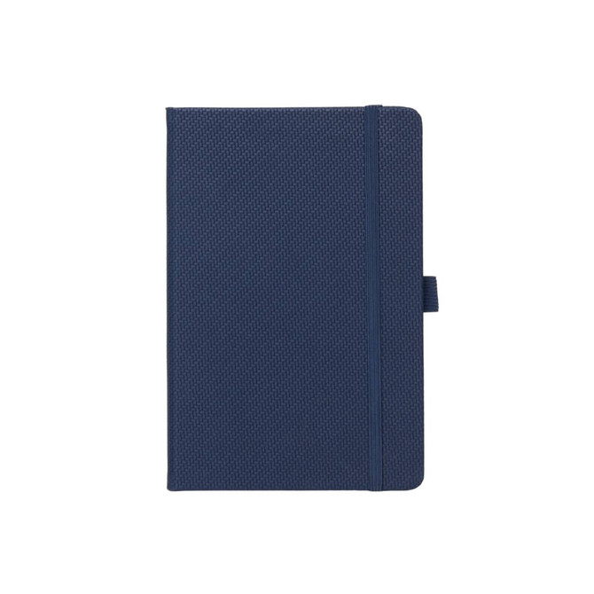 A5 carbon notebook in navy blue with a textured cover and elastic band closure. Features a logo on the front.