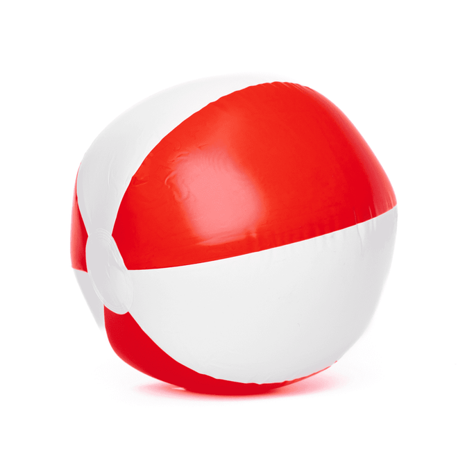 A 20cm beach ball in red and white with a circular design and a logo. Ideal for leisure and outdoor activities.