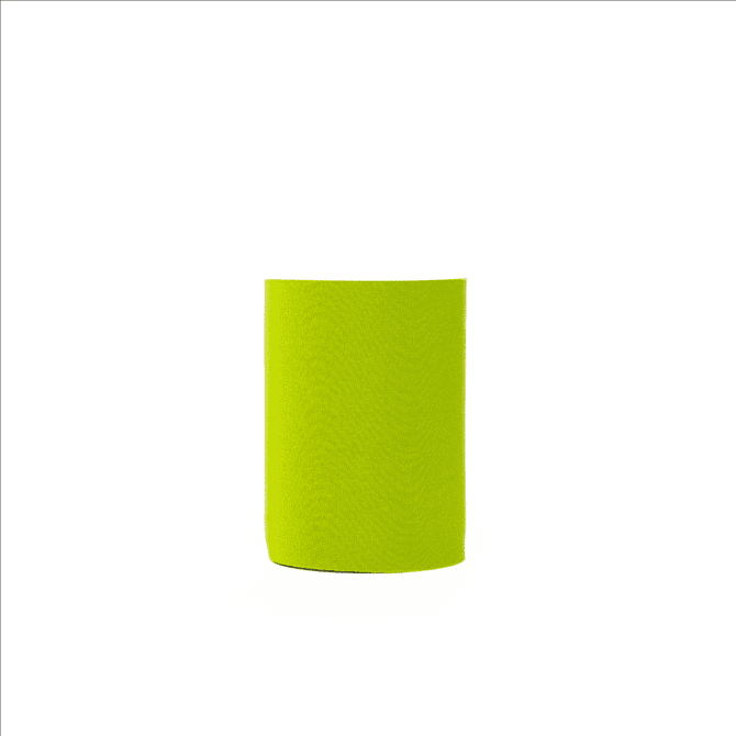A bright green neoprene stubby cooler with a smooth texture and a simple design, featuring a logo.