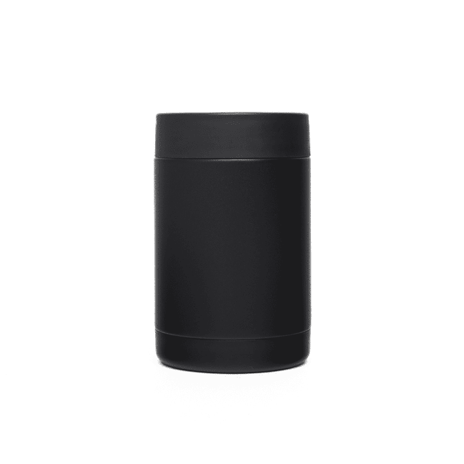A black stainless steel stubby holder featuring a sleek cylindrical design and a smooth finish.