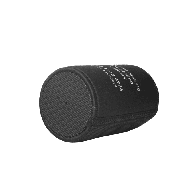 A black stubby holder with a textured base and a logo, designed for drinkware.