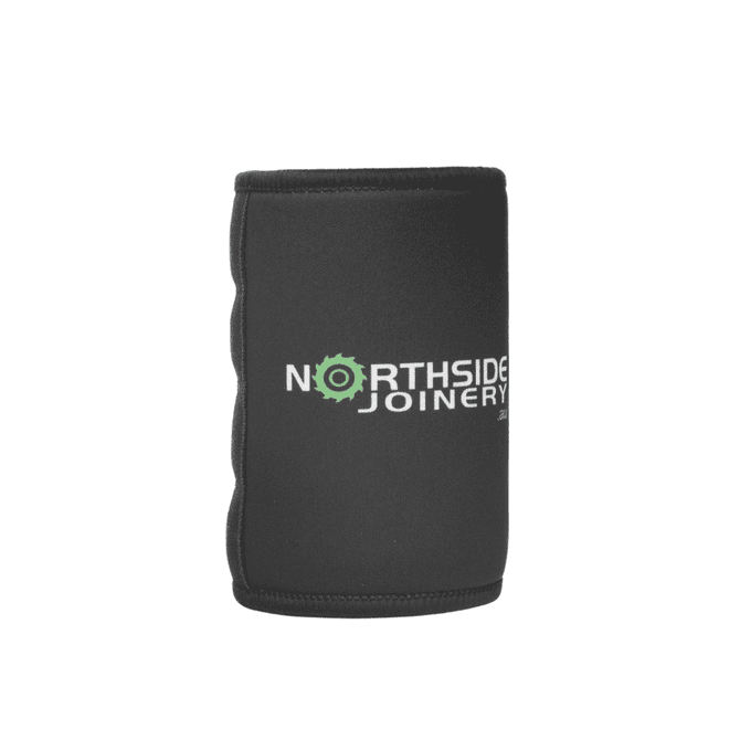 A black stubby holder with a logo, designed for keeping drinks cool. It features a sleek, neoprene finish.