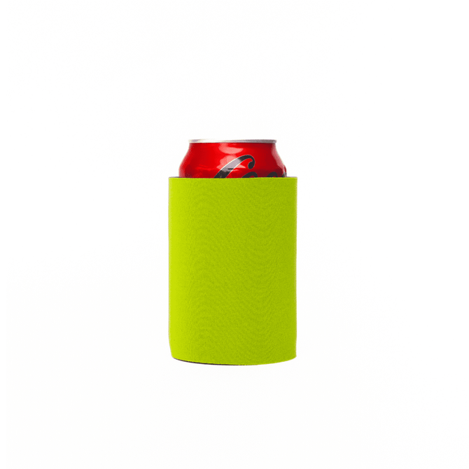 A bright green stubby cooler holding a can, featuring a logo on the surface.