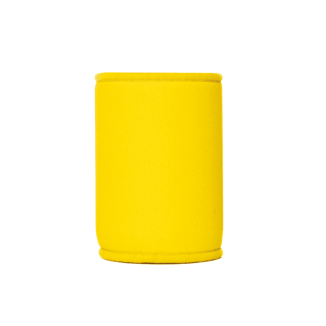 A drink bottle stubby cooler in bright yellow, made from neoprene, with a simple design and a branding logo.
