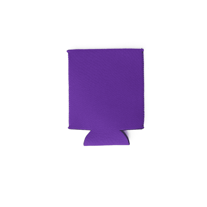 A purple neoprene stubby cooler collapsible with a logo on the front.