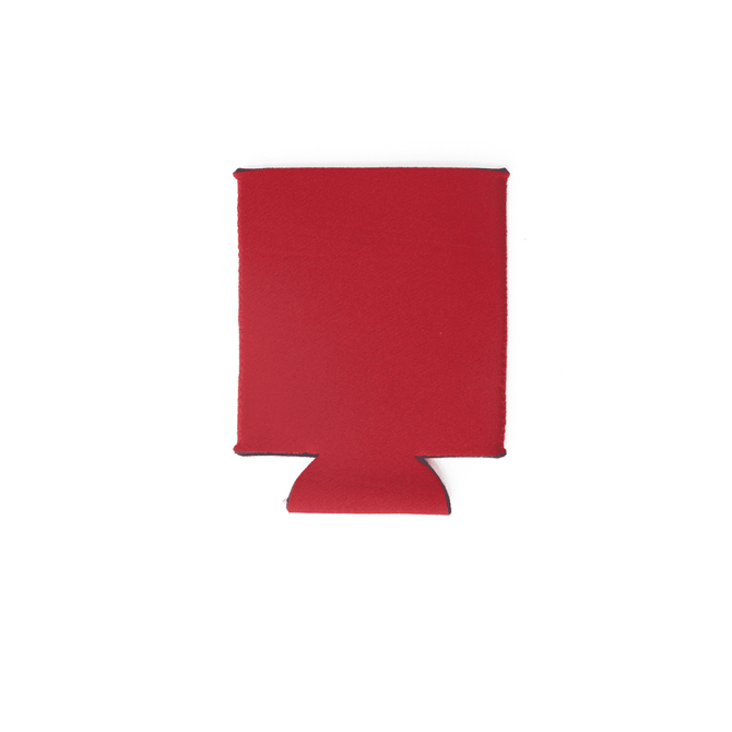 A red neoprene stubby cooler with a collapsible design and a base for holding drink bottles.