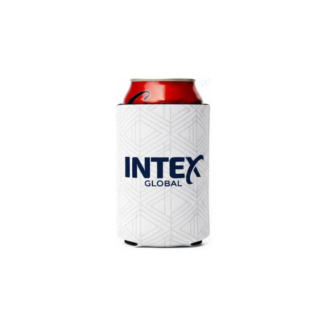 A white collapsible stubby cooler featuring a geometric pattern and a logo, designed to hold a beverage can.
