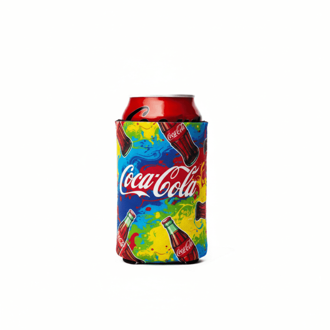 A collapsible stubby cooler in vibrant colours featuring a Coca-Cola design, holding a can.