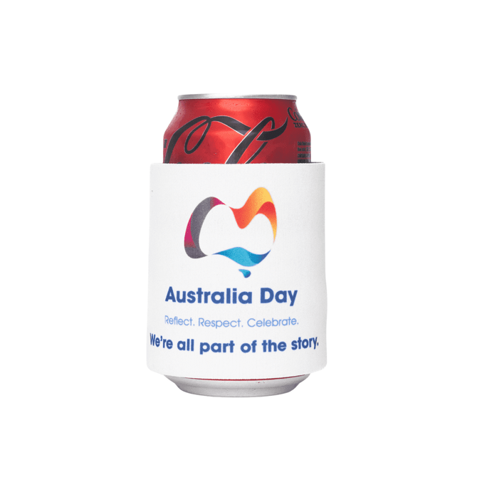 A drink bottle cooler in white featuring a colourful logo and text related to Australia Day.