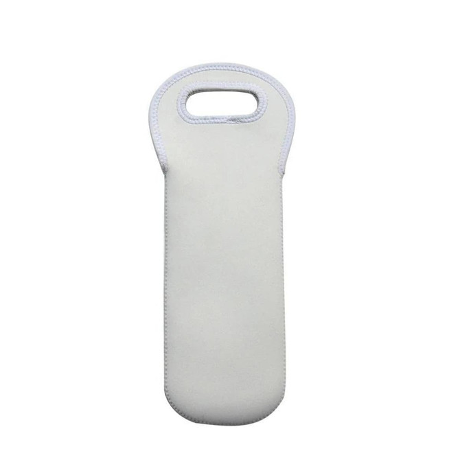A drink bottle holder in white neoprene with a handle, featuring a simple design. It includes a logo.