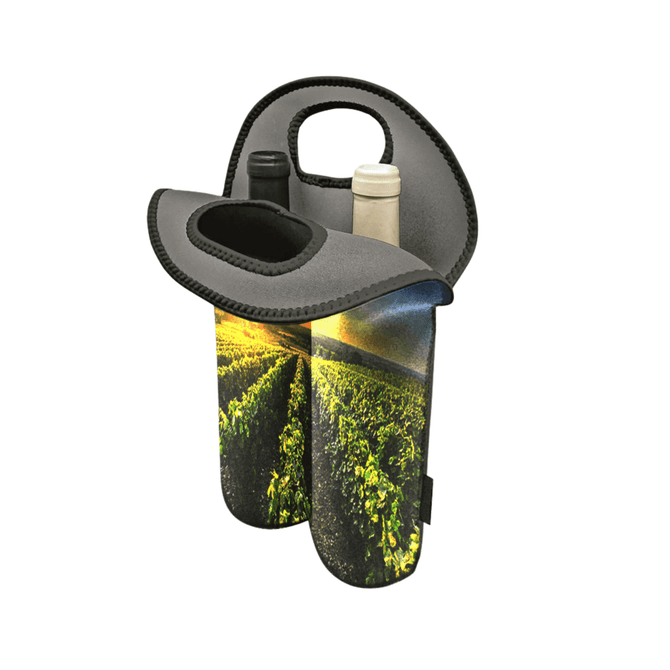 A neoprene twin wine bottle holder in grey and vineyard print, designed for two bottles with cut-out handles.