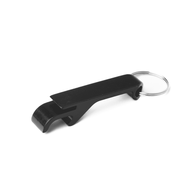 A black aluminium bottle opener keyring featuring a simple, sleek design and a silver keyring attachment.
