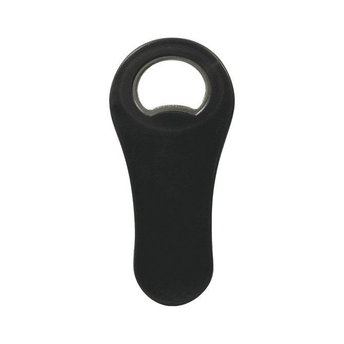 A black paddle-shaped bottle opener with a circular opening, featuring a smooth ergonomic design.