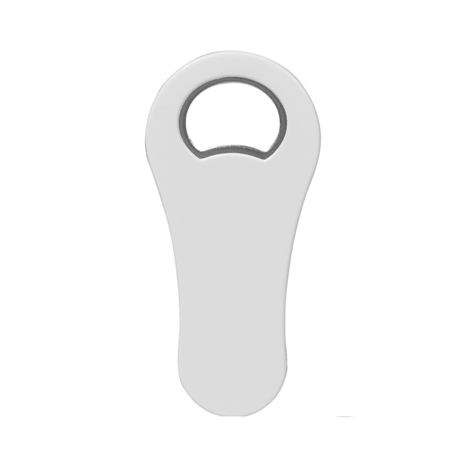 A drink bottle opener with a paddle shape, featuring a white finish and a metal insert for bottle caps.