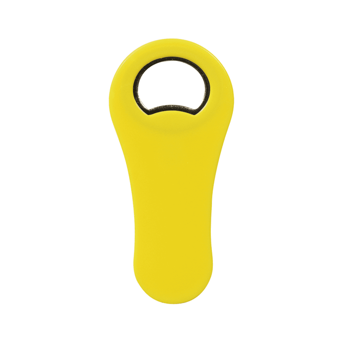 A paddle-shaped bottle opener in bright yellow with a circular opening and a smooth handle, featuring a logo.