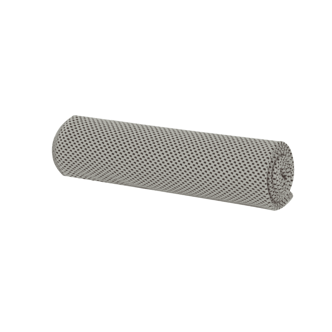 A rolled cooling towel in grey with a textured pattern, featuring a logo.