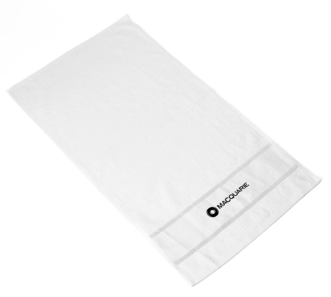 A white cotton gym towel featuring a logo. It is soft and suitable for leisure and outdoor activities.