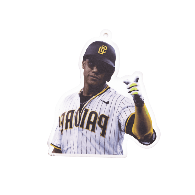 A custom air freshener shaped like a person in a striped baseball uniform with a branding logo, featuring yellow and black colours.