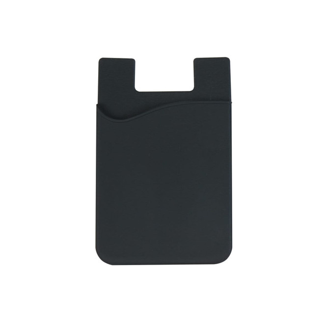 A black silicone phone wallet with a wavy design and a slot for cards. It features a simple logo.