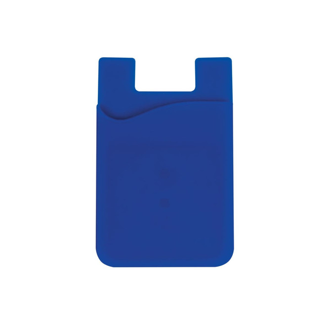 A blue wavy silicone phone wallet with a sleek design and a logo. Suitable for carrying cards and cash.