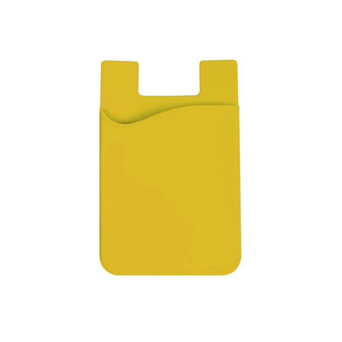 A yellow wavy silicone phone wallet with a slot for cards and a rounded shape. It features a simple design and has a logo.
