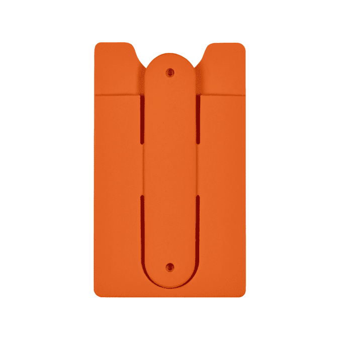An orange phone wallet with a secure grip and a branding logo. Designed for holding cards and small items.