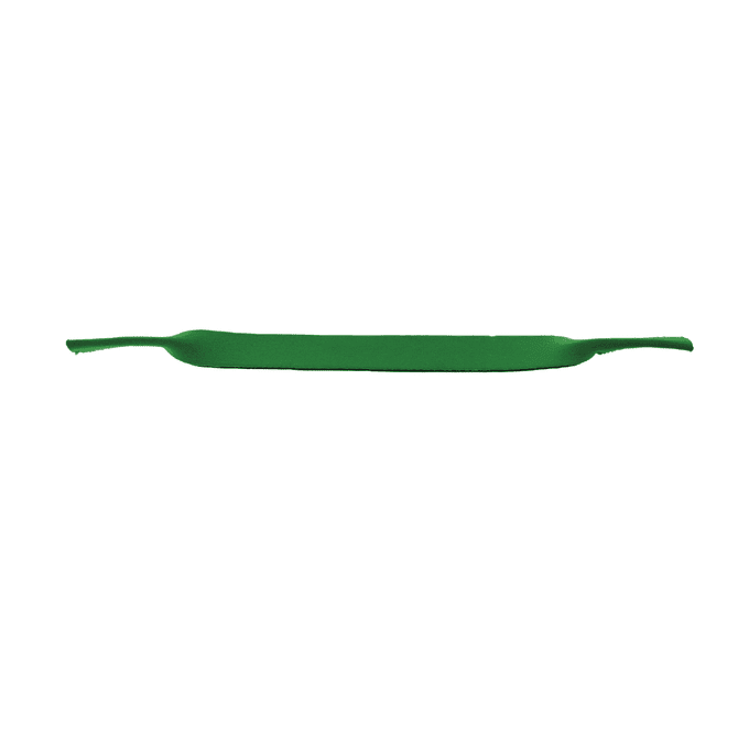 A green sublimated sunglasses strap with a smooth, flat design and ends for attachment. Features a logo.