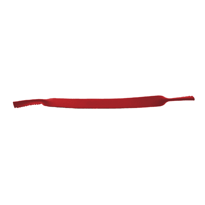 A red sublimated sunglasses strap with a textured grip. The strap includes branding.