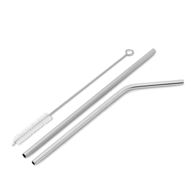 A reusable steel straw set in silver, including a straight straw, a bent straw, and a cleaning brush.