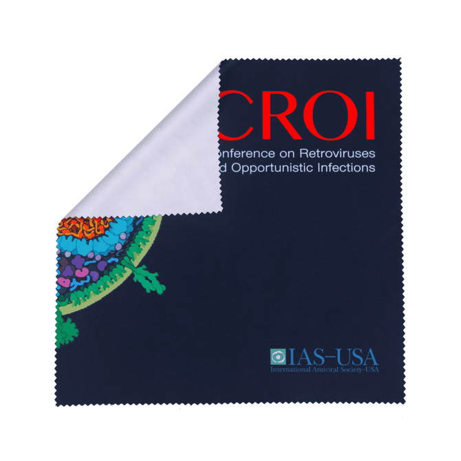 A small microfibre cleaning cloth featuring vibrant colours and a decorative pattern, with a logo in the corner.