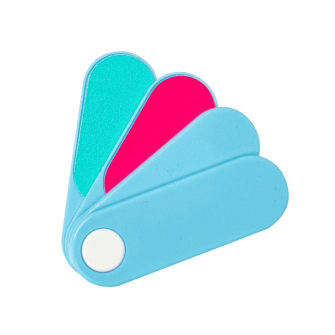A swivel nail care kit featuring a blue case with three nail files in aqua, pink, and a glittery teal finish.