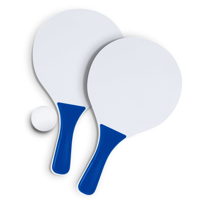 Two blue and white paddle balls and a small white ball. The paddles have blue handles and a flat surface.