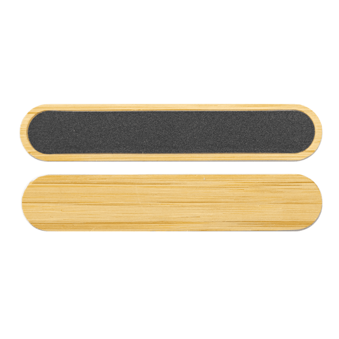 A bamboo nail file with a smooth bamboo surface and a textured black sanding side. It features a logo.