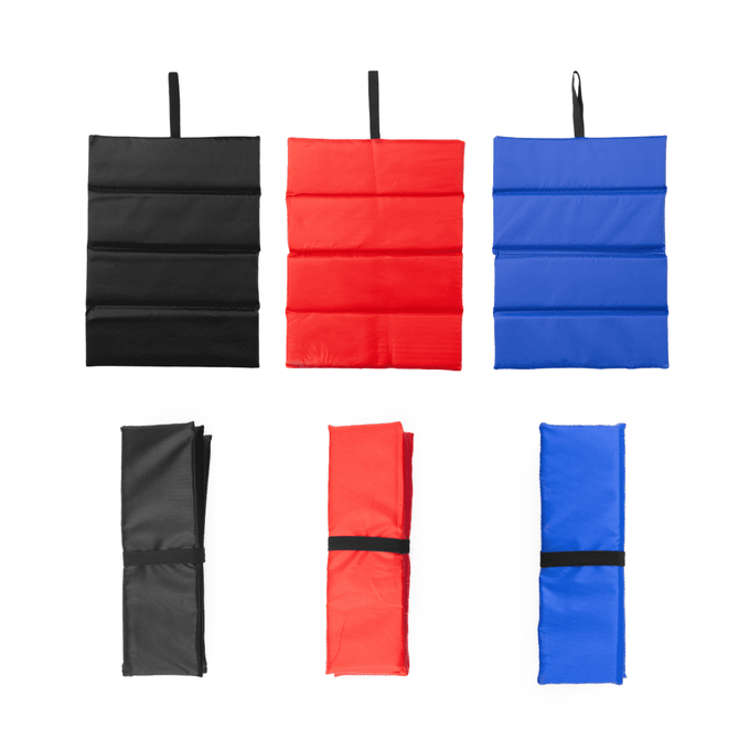 A collection of foldable chair cushions in black, red, and blue, featuring straps and a compact design for easy storage.