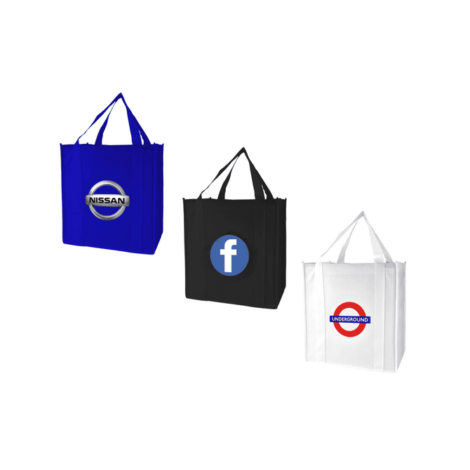 Three tote bags in blue, black, and white, each featuring a different logo on the front.
